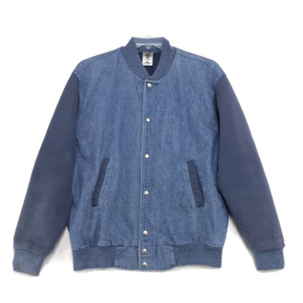 Vintage Fruit of the Loom DENIM Varsity Jacket Mens L Large Blue Sweatshirt Arms